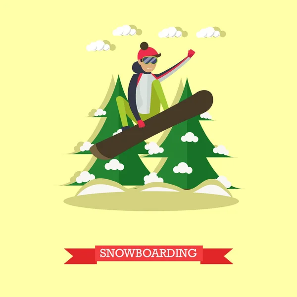 Ilustração vetorial de snowboarder jumping em design plano . — Vetor de Stock