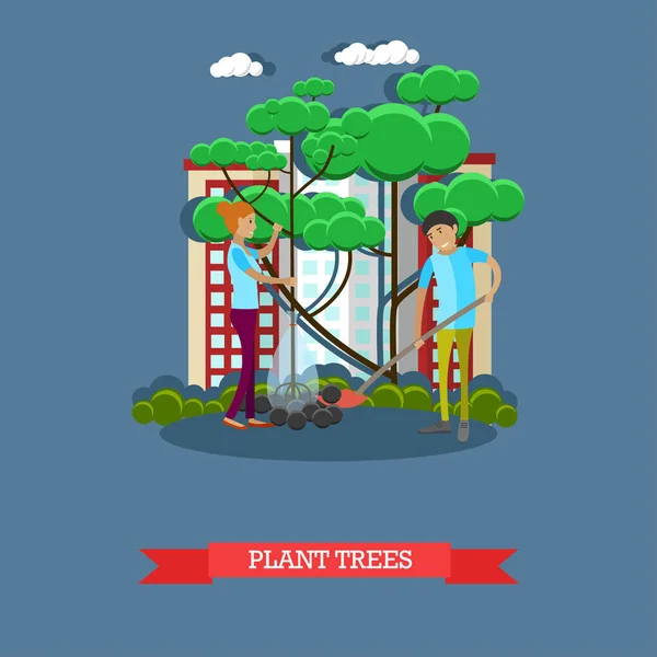 Vector illustration of volunteers planting trees in the street. Stock Vector