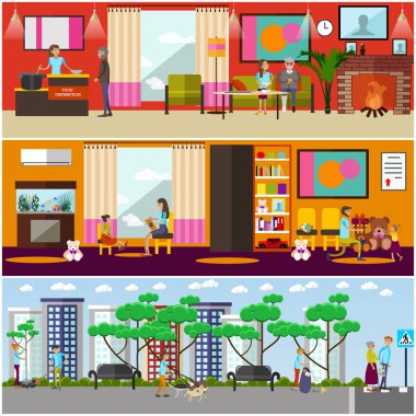 Gönüllü yardım kavramı posterler, afişler, düz stil vektör kümesi.