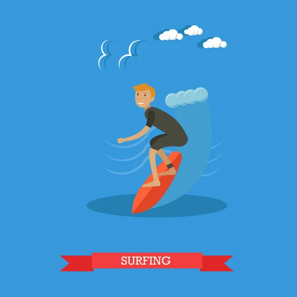 Surfista cabalgando en la onda oceánica, ilustración vectorial en estilo plano — Vector de stock