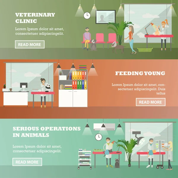 Vector set of veterinary care concept horizontal banners, flat style. — Stock Vector