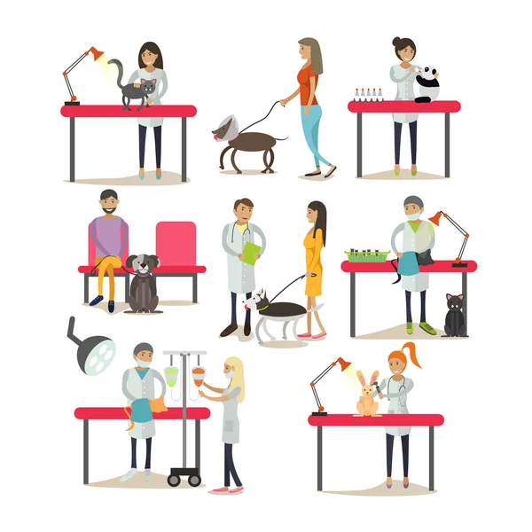 Conjunto vectorial de personal de la clínica veterinaria, clientes, mascotas, diseño plano — Archivo Imágenes Vectoriales