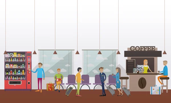 Ilustración vectorial de sala de espera del aeropuerto, cafetería, pasajeros, estilo plano . — Vector de stock