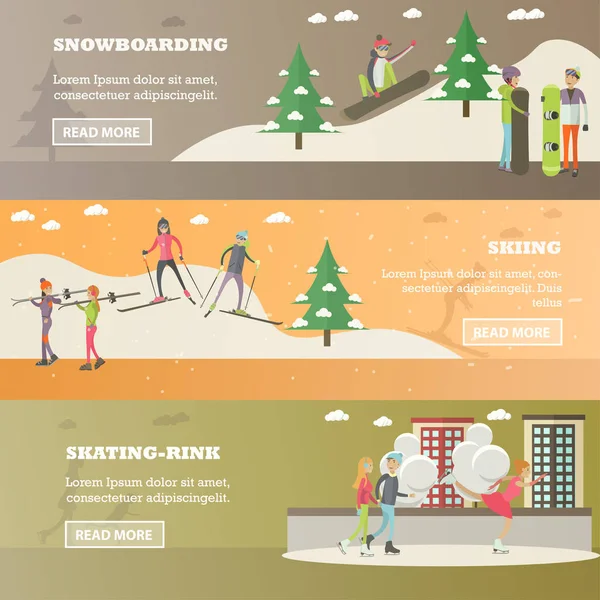 冬のスポーツとレクリエーションの概念の水平方向のバナーのベクトルを設定 — ストックベクタ