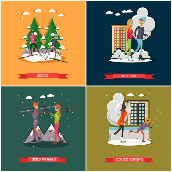 Conjunto de vectores de deportes de invierno y carteles de concepto de recreación, pancartas — Vector de stock