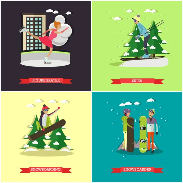 Vector set van wintersporten concept posters, banners, vlakke stijl — Stockvector