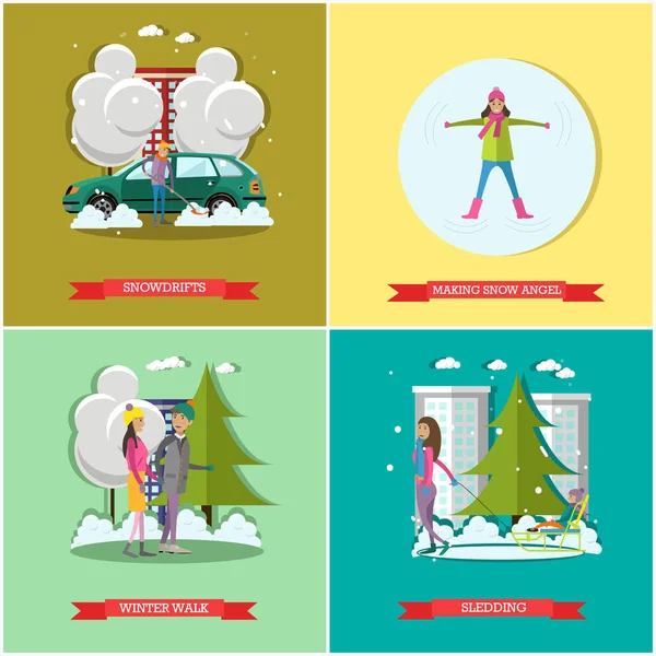 Set vettoriale di poster concettuali dell'ora invernale, banner, stile piatto — Vettoriale Stock