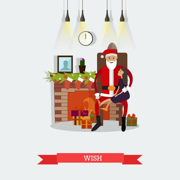 Vector illustration of Santa Claus and little girl making wish — Stock Vector