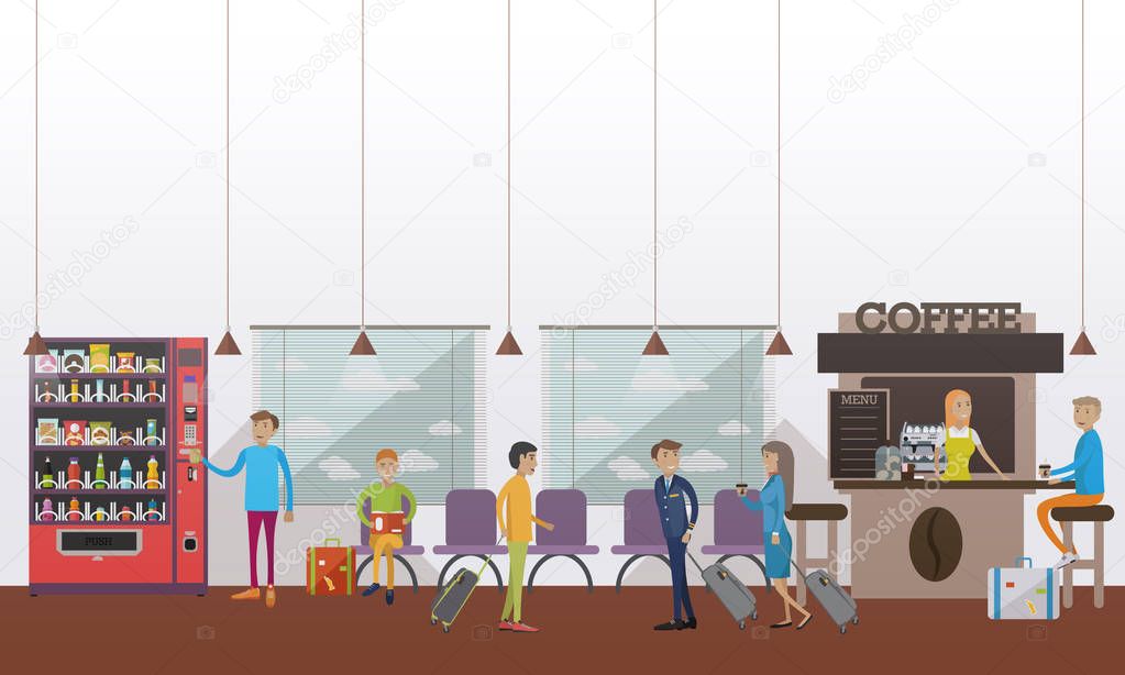 Vector illustration of airport waiting hall, cafe, passengers, flat style.