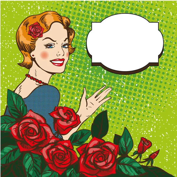 Vektor ilustrasi wanita dengan karangan bunga mawar, gaya seni pop . - Stok Vektor