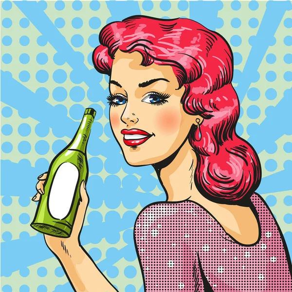 Vector illustration of woman with wine in pop art style — Stock Vector