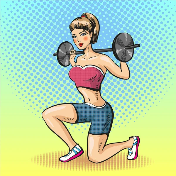 Vector illustration of young woman with barbell, pop art style — Stock Vector