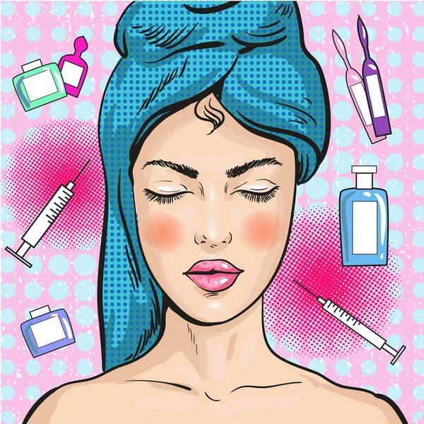 Vectorillustratie van de vrouw in de schoonheidssalon, pop-art stijl — Stockvector