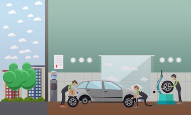 Lastiği değiştirmek, otomatik hizmet kavramı vektör çizim düz tarzı