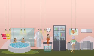 Spa aqua ile yüz ve balık terapi kavramı vektör çizim