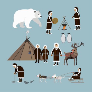 Vector set of arctic people and animals flat style icons clipart