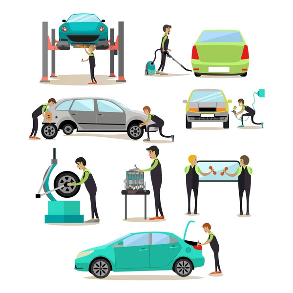 Vector set of car service, auto repair shop workers icons — Stock Vector