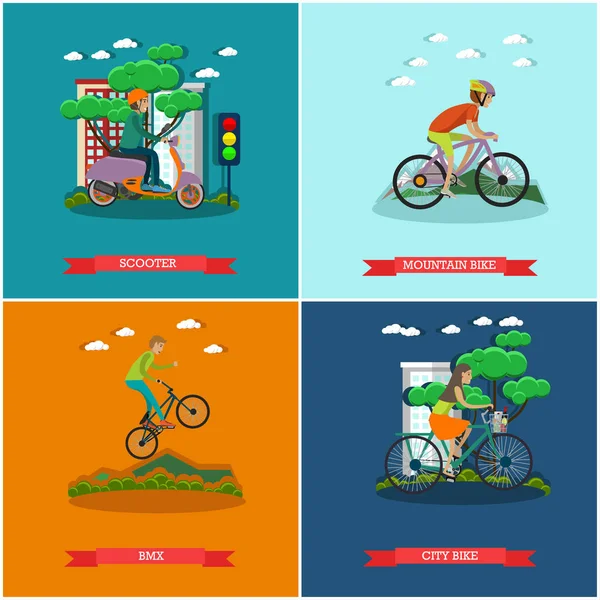 Conjunto vetorial de tipos de bicicletas conceito cartazes em estilo plano —  Vetores de Stock