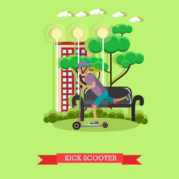Ilustração vetorial de uma menina montando chute scooter, estilo plano —  Vetores de Stock