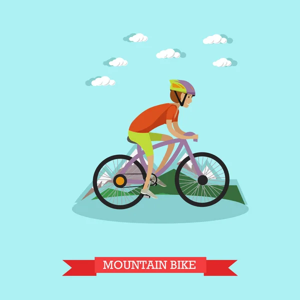 Ilustración vectorial de niño montando bicicleta de montaña en estilo plano — Vector de stock