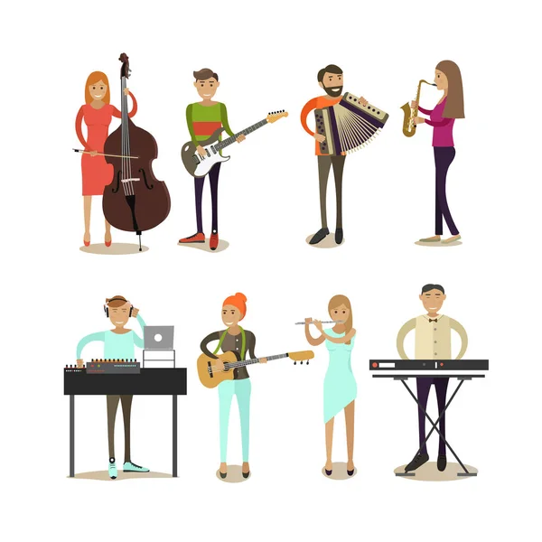 Conjunto de iconos planos vectoriales de personajes músicos — Vector de stock