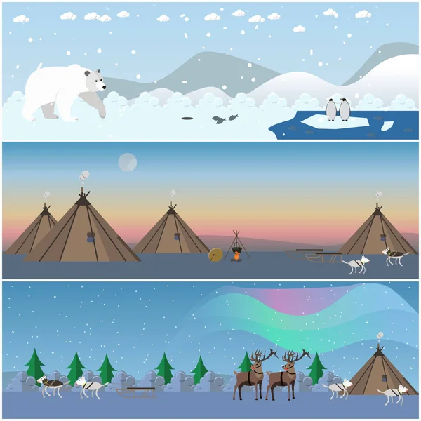 Vector set of wild north landscape posters in flat style. — Stock Vector