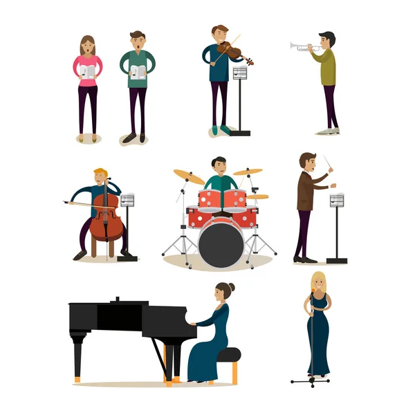 Conjunto de iconos planos vectoriales de orquesta sinfónica personas — Vector de stock