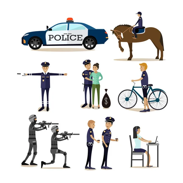 Vetor ícones planos conjunto de personagens da profissão policial — Vetor de Stock