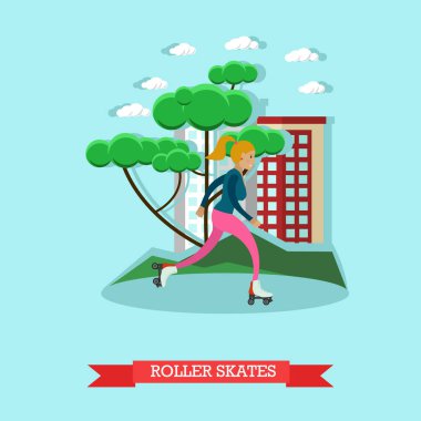 Roller buz pateni kız düz stil vektör çizim