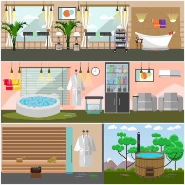 Spa salonu iç kavramı posterler, düz stil vektör ayarla