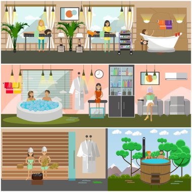 Spa terapi kavramı posterler, afişler, düz stil vektör kümesi