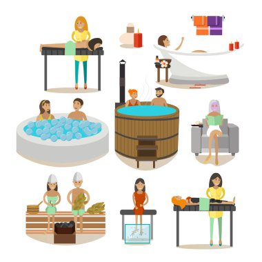 Vektör Spa salonu halkı, rehabilitasyon tedavi tasarım öğeleri ayarla