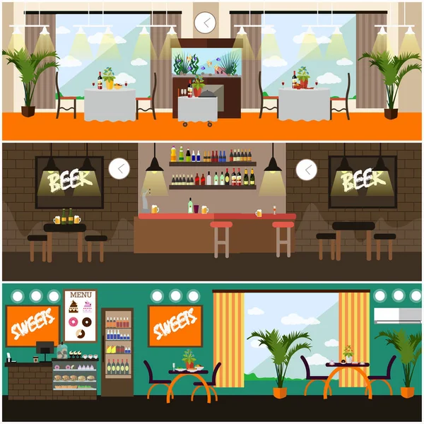 Vector set of pub, restaurant interior concept posters, flat style — Stock Vector