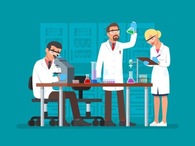 Vector illustration of scientists working at science lab, flat style clipart