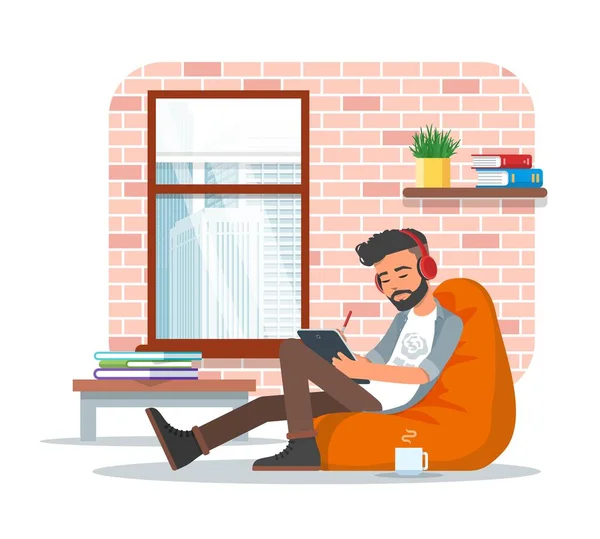 Vector illustration of young man using tablet, flat design — Stock Vector