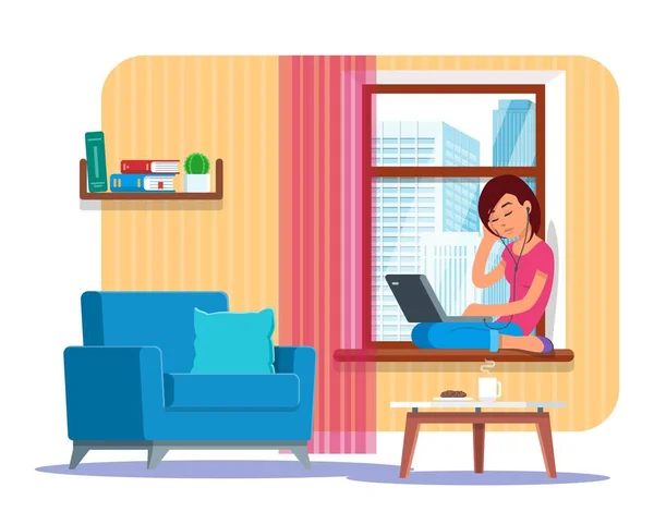 Vector illustration of young woman working at laptop, flat style — Stock Vector