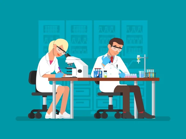 Vector illustration of scientists working at science lab, flat style — Stock Vector