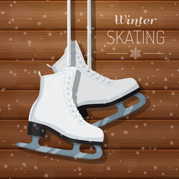 Ilustração vetorial de patins de gelo brancos em fundo de inverno de madeira — Vetor de Stock