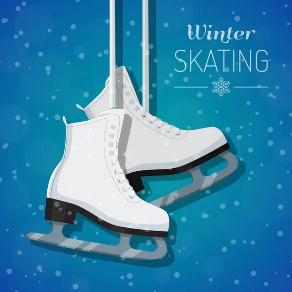 Vector illustration of white ice skates on winter background — Stock Vector