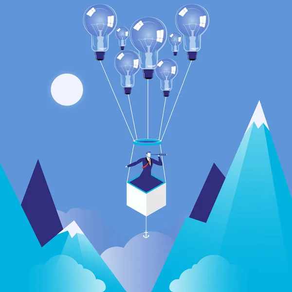 Vektorillustration av affärsman som flyger på idén glödlampa ballong — Stock vektor