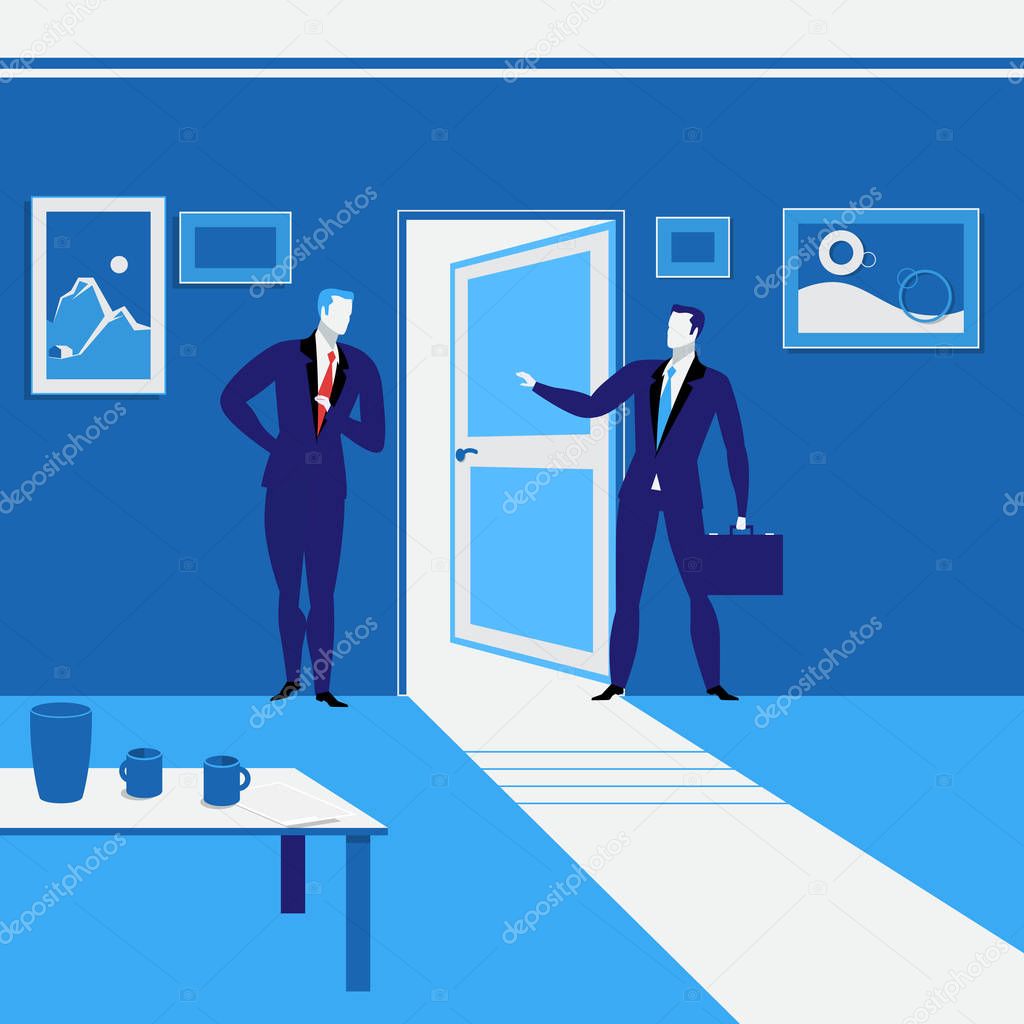 Vector illustration of businessmen standing at open door.