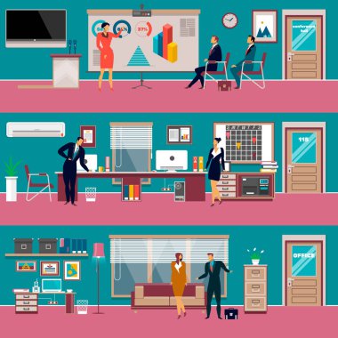 Düz stil vektör modern ofis çalışma alanı ayarla