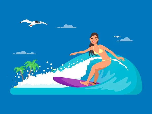 Flicka som rider på ocean wave, vektorillustration i platt stil — Stock vektor