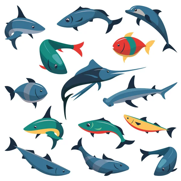 Conjunto vectorial de iconos de pescado en estilo plano — Vector de stock