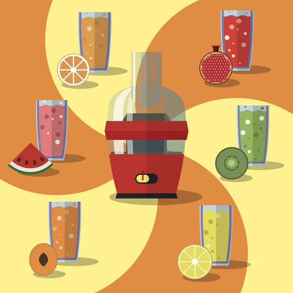 Ilustración vectorial de jugos eléctricos, jugos y rebanadas de frutas — Vector de stock