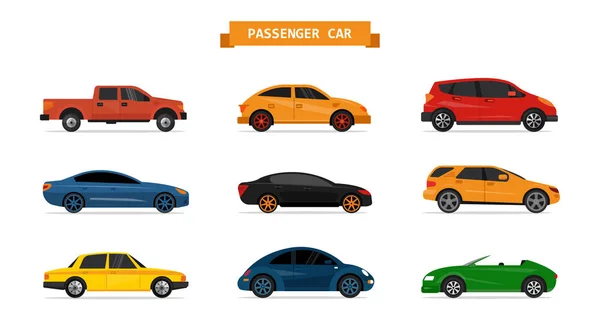 Ensemble vectoriel de différentes voitures isolées sur fond blanc. Icônes de voiture et éléments de conception . — Image vectorielle