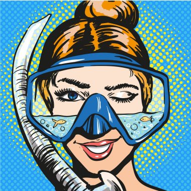 Scuba dalış ekipmanı kadında vektör pop sanat çizim