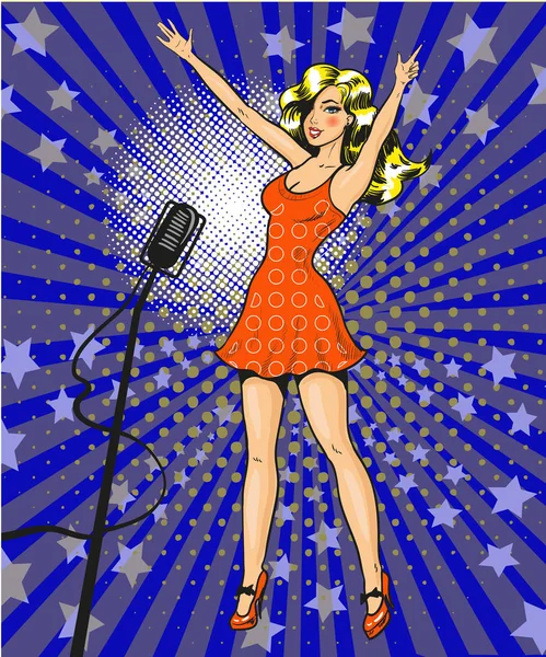 Ilustración de arte pop vectorial de hermosa cantante chica en el escenario — Archivo Imágenes Vectoriales