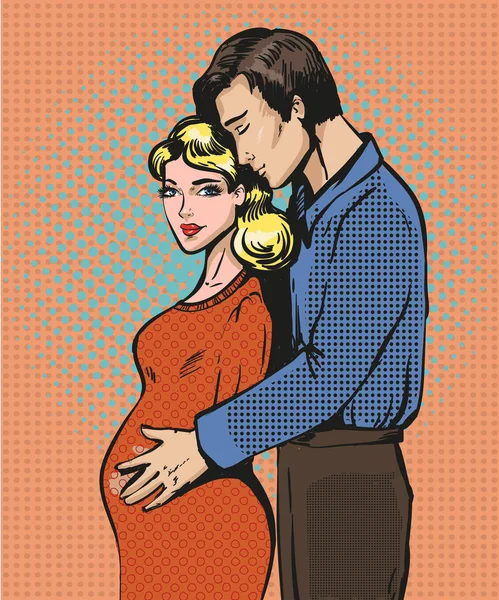 Vector pop art illustration of pregnant woman and her husband — Stock Vector