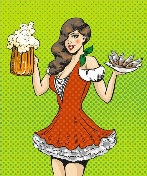 Ilustración de arte pop vectorial de chica con cerveza y pescado — Vector de stock